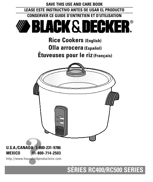 Black & Decker User and Care Guide Rice Cooker RC400/RC500
