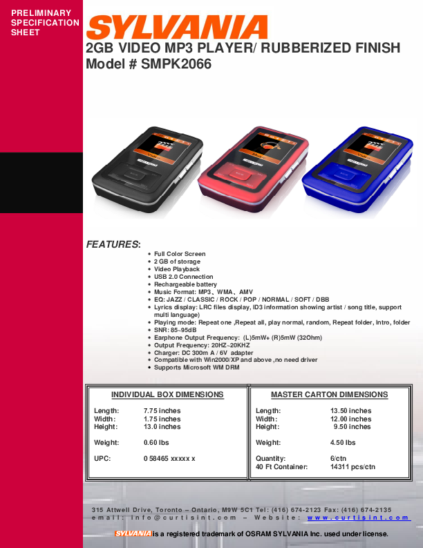 Sylvania 2GB Video MP3 Player/ Rubberized Finish Specification Sheet