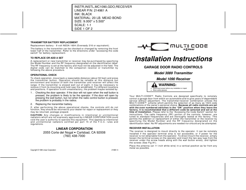 Linear Garage Door Opener User Manual