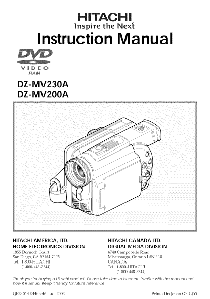 Hitachi Camcorder User Manual Type:MANUAL