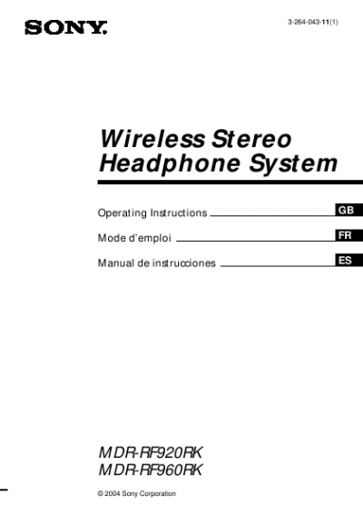 Wireless Stereo Headphones  on Sony Wireless Stereo Headphone System Operating Instructions Mdr