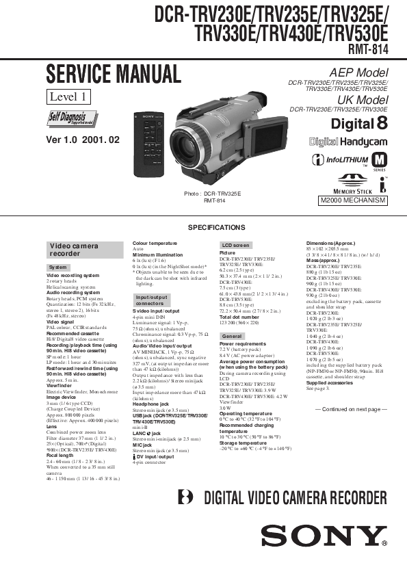 Sony Camcorder DCRTRV325E User's Guide