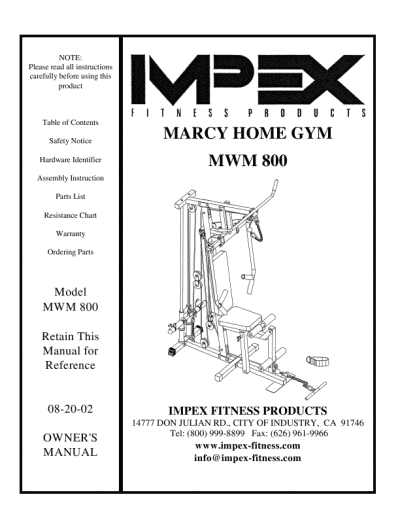 Impex Home Gym OWNER'S MANUAL