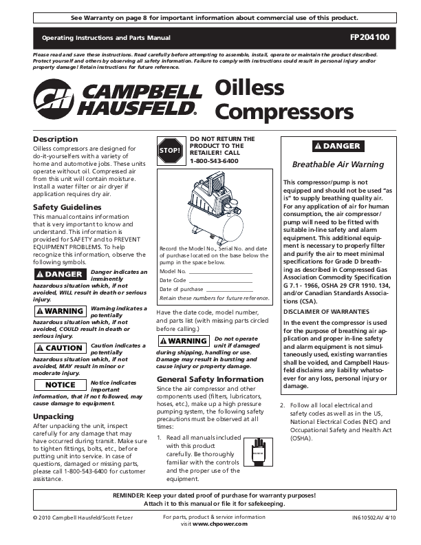 Hausfeld Campbell Air Compressor Manual
