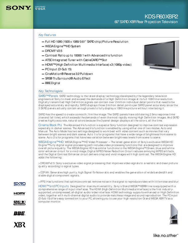 Sony Projection Television Kds-r60xbr2 User's Guide 