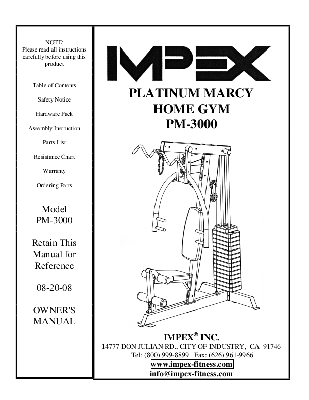 Impex Home Gym. Impex Inc. Home Gym Owner's